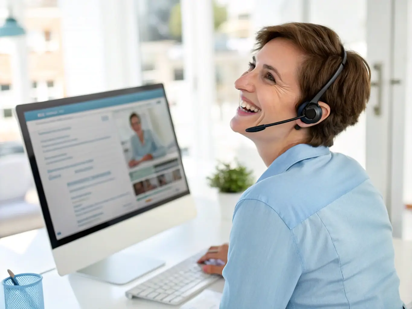A friendly support agent assisting a user via live chat on a computer screen, showcasing ritsbo's commitment to customer support.