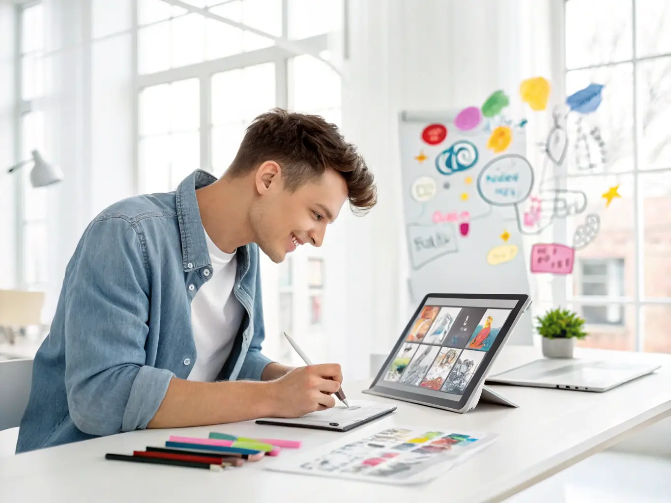 A graphic designer working on a website template, highlighting ritsbo's advanced customization options.